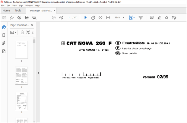 Pottinger Tractor Mower CAT NOVA 260 F Operating instructions List of spare parts Manual – PDF 