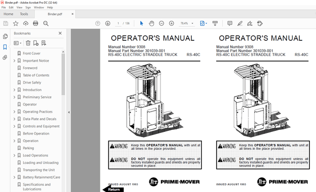 BT Prime-Mover Forklift RS-40C ELECTRIC STRADDLE TRUCK OPERATOR’S MANUAL – PDF DOWNLOAD