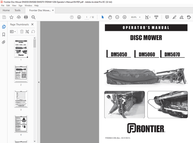 Frontier Disc Mower DN5050 DM5060 DM5070 Operator’s Manual(5TIDM411206) – PDF DOWNLOAD
