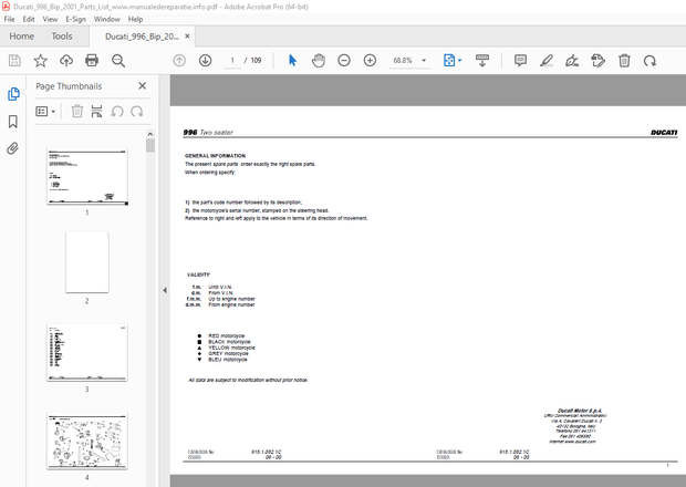 Ducati 996 TwoSeater Parts Manual 915.1.082.1C - PDF DOWNLOAD 