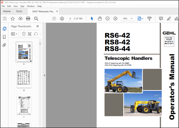 Gehl Telescopic Handler RS6-42 RS8-42 RS8-44 Operator’s Manual 913325 – PDF DOWNLOAD