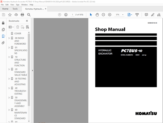 Komatsu PC78US-10 Series Hydraulic Excavator Shop Manual SEN06518-06 – PDF DOWNLOAD