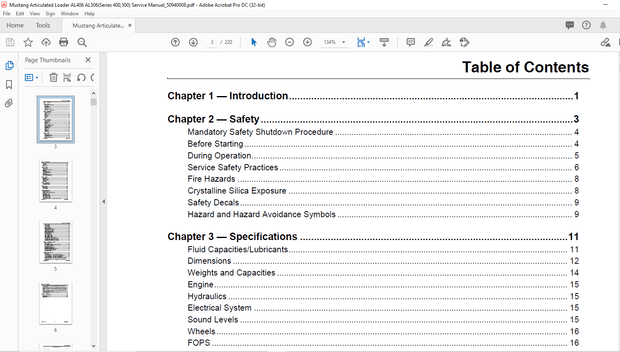 Mustang Articulated Loader AL 406 AL 506 Service Manual(50940008) – PDF DOWNLOAD