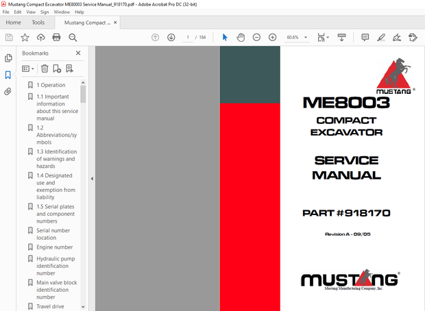 Mustang Compact Excavator ME80003 Service Manual (918170) – PDF DOWNLOAD