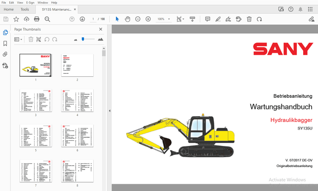 Sany SY135U Hydraulikbagger Betriebsanleitung Wartungshandbuch 07/2017 – PDF DOWNLOAD