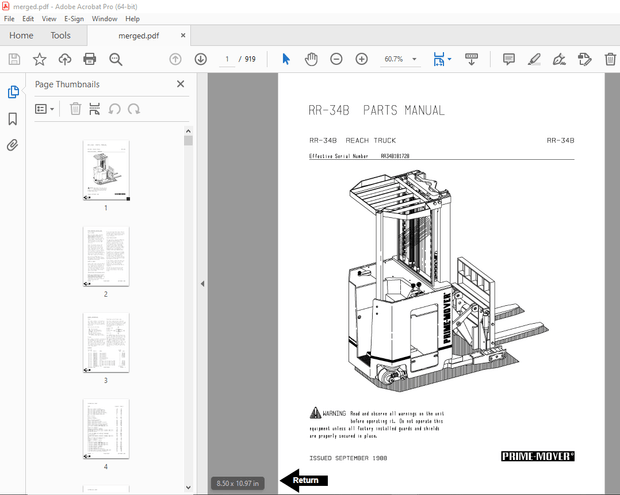 BT Prime Mover RR-34B Reach Truck Parts Manual - PDF DOWNLOAD