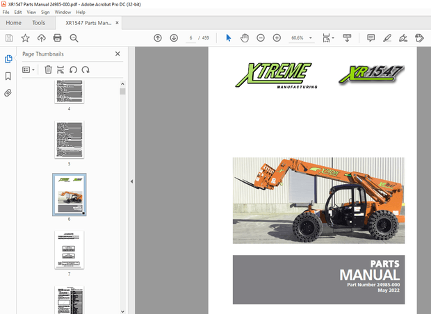 Xtreme XR1547 Telehandler Parts Manual 24985-000 – PDF DOWNLOAD