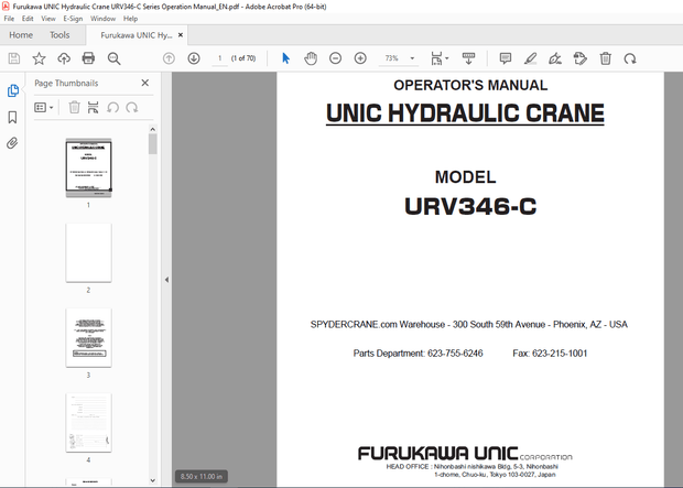 FURUKAWA UNIC Hydraulic Crane URV346-C Operators Manual PDF DOWNLOAD