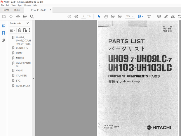 Hitachi Hydraulic Excavator UH09-7 UH09LC-7 UH103 UH103LC  Parts List Manual(P152-E1-2) – PDF 