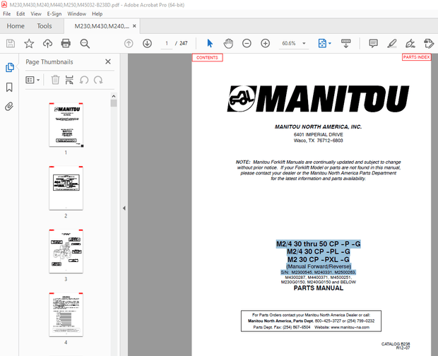 Manitou M2/4 30 thru 50 CP-P-G M2/4 30 CP-PL-G M2 30 CP-PXL-G Lift Truck Parts Manual B238 – PDF DOW