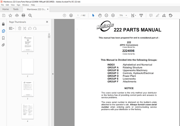 Manitowoc Traditional Crane 222 Parts Manual SN 2224006 – PDF DOWNLOAD