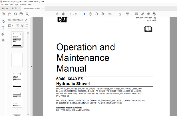 Cat 6040, 6040 FS Hydraulic Shovel Operation and Maintenance Manual EM030935 - PDF DOWNLOAD