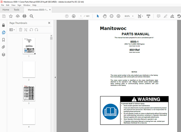Manitowoc Crane 8500-1 Parts Manual SN 8501Ref – PDF DOWNLOAD