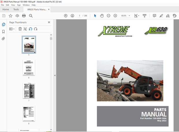 Xtreme XR630 Telehandler Parts Manual 158-0069-100A – PDF DOWNLOAD