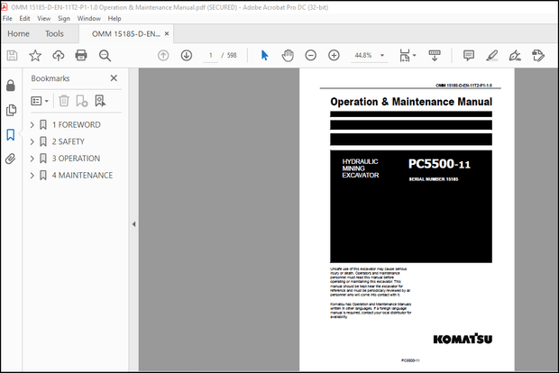 Komatsu Hydraulic Mining Excavator PC5500-11 Operation &amp; Maintenance Manual(OMM15185-D) – PDF 