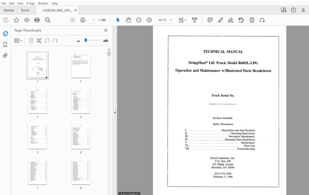 Drexel R60SL-LPG SwingMast Lift Truck Service &amp; Parts Manual 1409266 – PDF