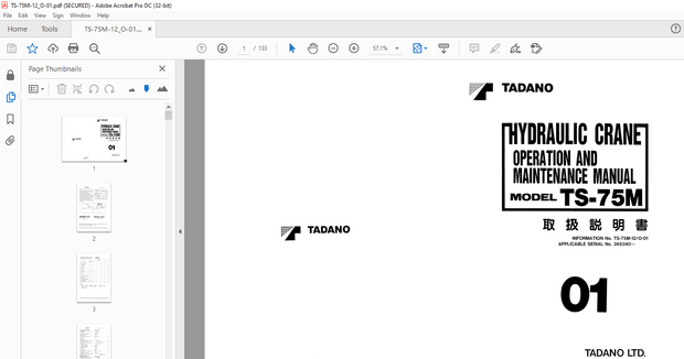 Tadano Forklift TS-75M HYDRAULIC CRANE OPERATION AND MAINTENANCE MANUAL PDF