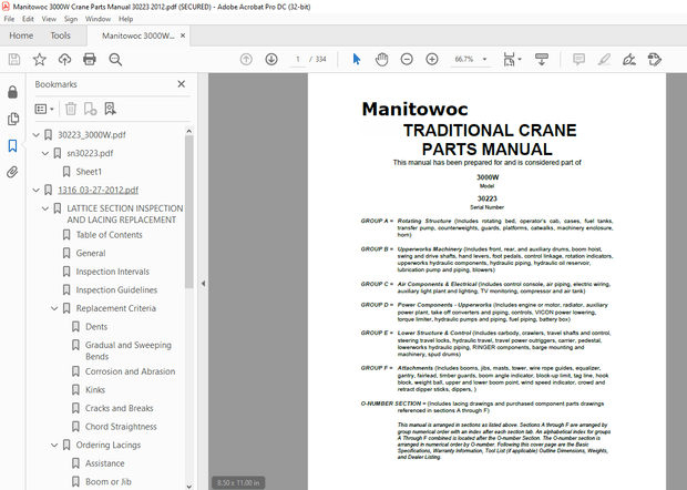 Manitowoc Traditional Crane 3000W Parts Manual SN 30223 - PDF
