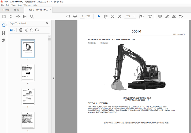 John Deere 135D EXCAVATOR Parts Manual PC10085 - PDF DOWNLOAD