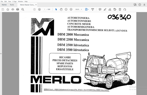 Merlo Master Concrete Mixer DBM 2000 2500 Meccanica, 2500 3500 Idrostatica Parts Manual 036340