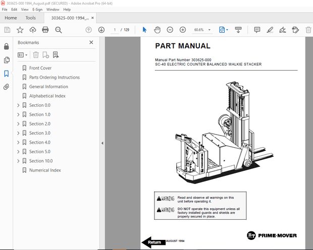 BT Prime-Mover SC-40 Electric Counter Balanced Walkie Stacker Part Manual - PDF DOWNLOAD