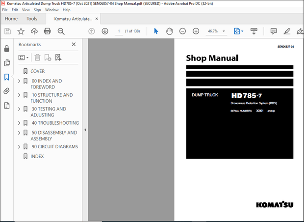 Komatsu HD785-7 Dump Truck Drowsiness Detection System (DDS) Shop Manual SEN06857-04 – PDF DOWNLOAD