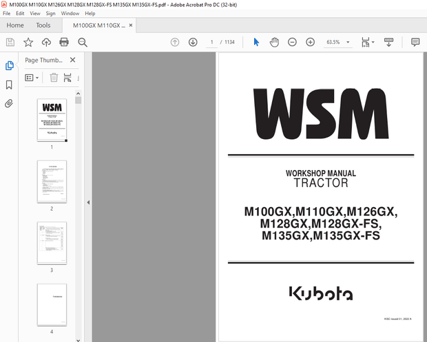 Kubota Tractor M100GX M110GX M126GX M128GX M128GX-FS M135GX M135GX-FS Workshop Manual – PDF DOWNLOAD