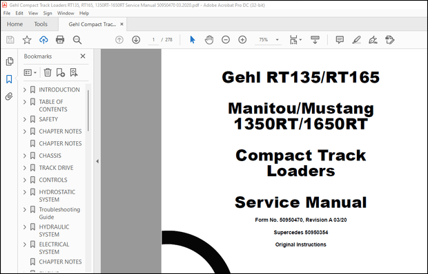 Gehl RT135 RT165 Manitou Mustang 1350RT 1650RT Compact Track Loaders Service Manual 50950470 – PDF 