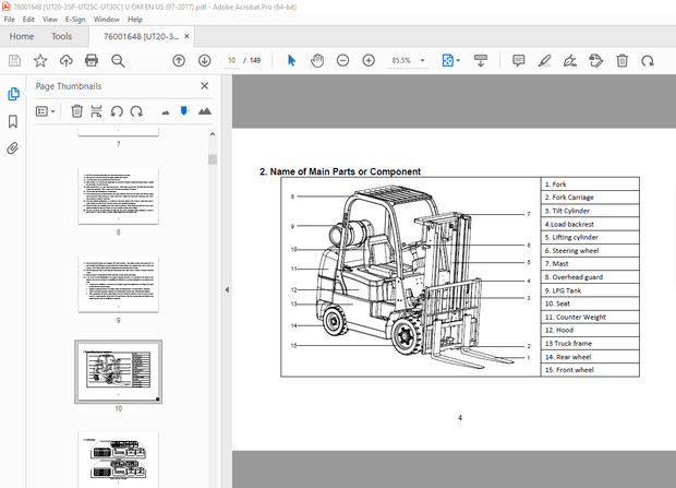 UTILEV 2T-3.5T Internal Combustion Counter balanced Forklift Truck Operation Manual