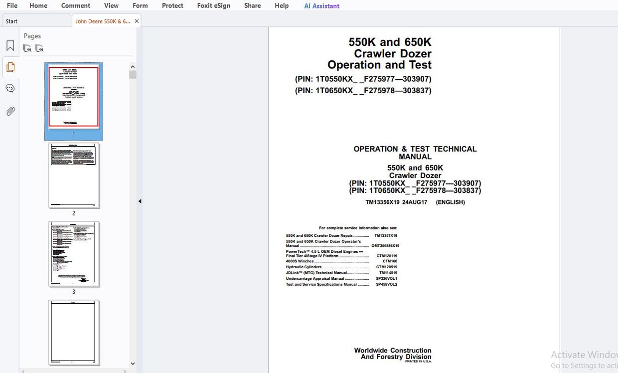 John Deere 550K & 650K Crawler Dozer Operation & Test Technical Manual ...