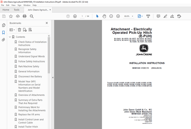 John Deere Tractors 6110R, 6120R, 6130R, 6135R, 6145R, 6155R, 6175R INSTALLATION INSTRUCTIONS MANUAL
