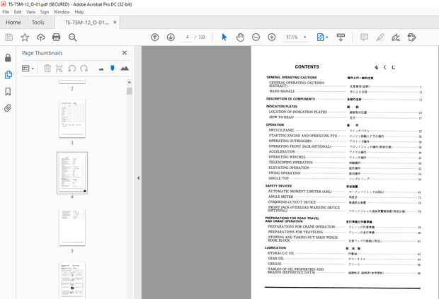 Tadano Forklift TS-75M HYDRAULIC CRANE OPERATION AND MAINTENANCE MANUAL PDF