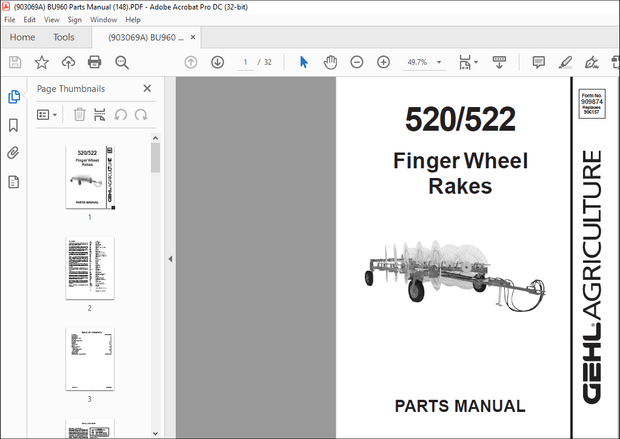 Gehl 520 522 Finger Wheel Rakes Parts Manual(909874) – PDF DOWNLOAD