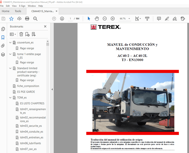 Terex Crane AC40/2–AC40/2L T3 EN13000 MANUEL de CONDUCCIÓN y MANTENIMIENTO – PDF DOWNLOAD