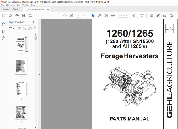 Gehl 1260 1265 (1260 After SN15500 and All 1265’s) Forage Harvesters Parts Manual 907169 – PDF 