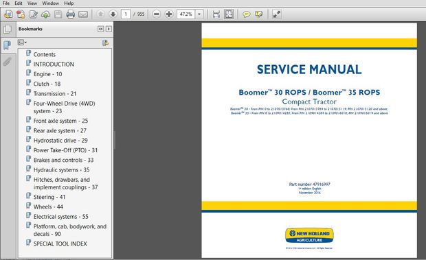 New Holland Boomer 30 &amp; 35 ROPS Compact Tractor Service Manual (47916997)