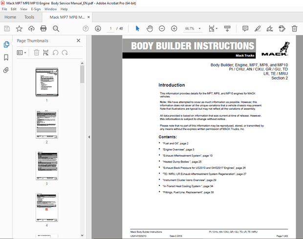 Mack Truck  Engine, MP7, MP8, &amp; MP10 PI / CHU, AN / CXU, GR / GU, TD LR, TE / MRU Instruction Manual