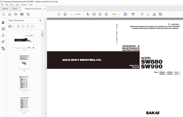 Sakai Vibrating Roller SW880 SW990 OPERATING &amp; MAINTENANCE Manual 