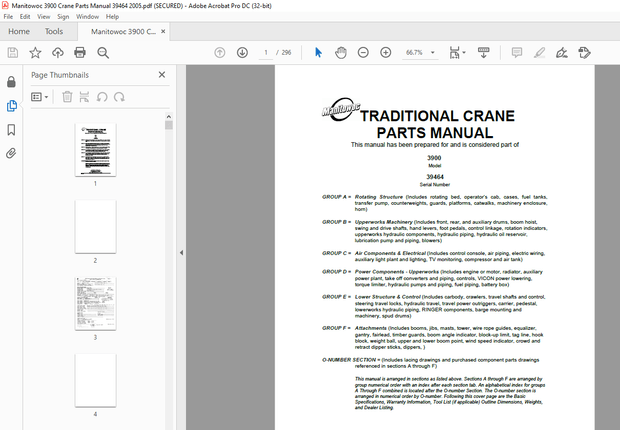 Manitowoc Traditional Crane 3900 Parts Manual SN 39464 – PDF DOWNLOAD
