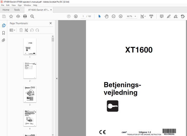 Ditch Witch XT1600 Betjeningsvejledning 053-2300  – PDF DOWNLOAD (Danish)