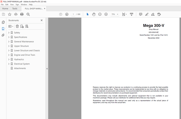 Daewoo Doosan Mega 300-V Shop Manual 023-00041AE - PDF DOWNLOAD