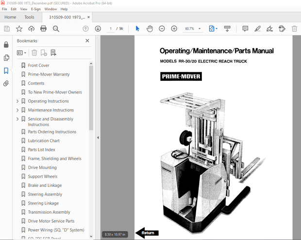 BT Prime-Mover RR-30 RR-20 Electric Reach Truck Operating Maintenance &amp; Parts Manual - PDF DOWNLOAD