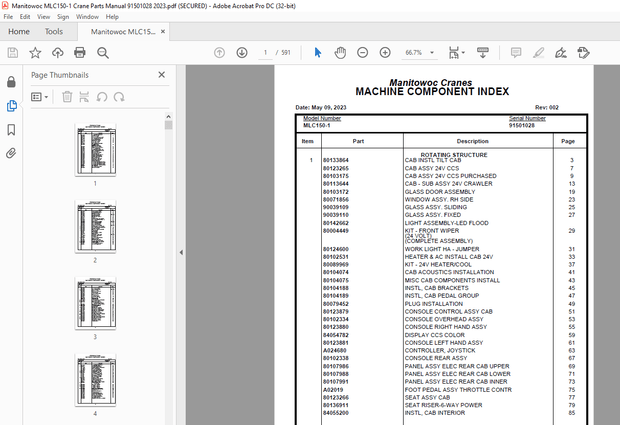 Manitowoc Crane MLC150-1 Parts Manual SN 91501028 – PDF DOWNLOAD