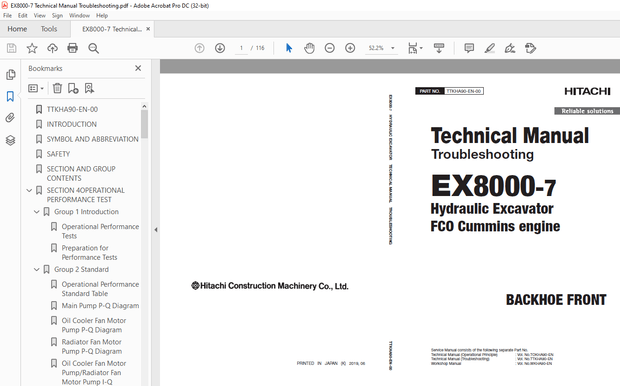 Hitachi EX8000-7 Hydraulic Excavator FCO Cummins engine Troubleshooting Technical Manual PN:TTKHA90