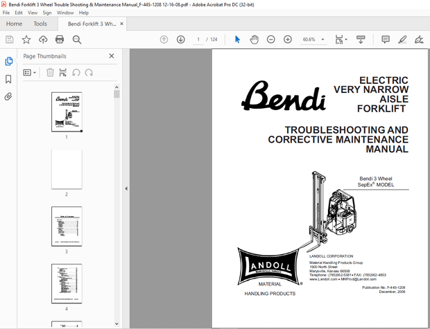 Bendi Landoll 3 Wheel Electric VERY Narrow Aisle Forklift Troubleshooting &amp; Maintenance Manual – PDF