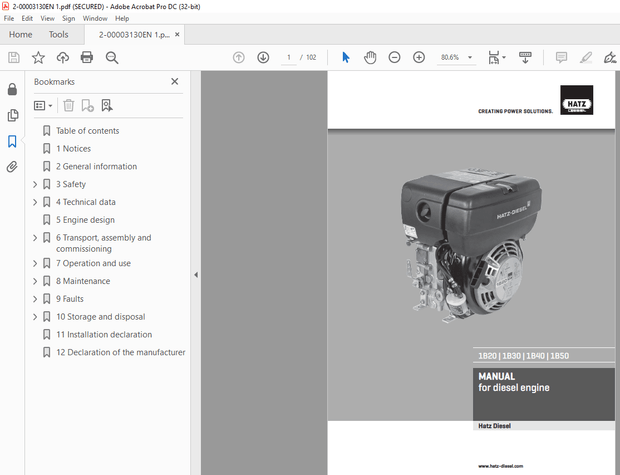 Hatz-Diesel 1B20 1B30 1B40 1B50 for Diesel Engine Manual PDF