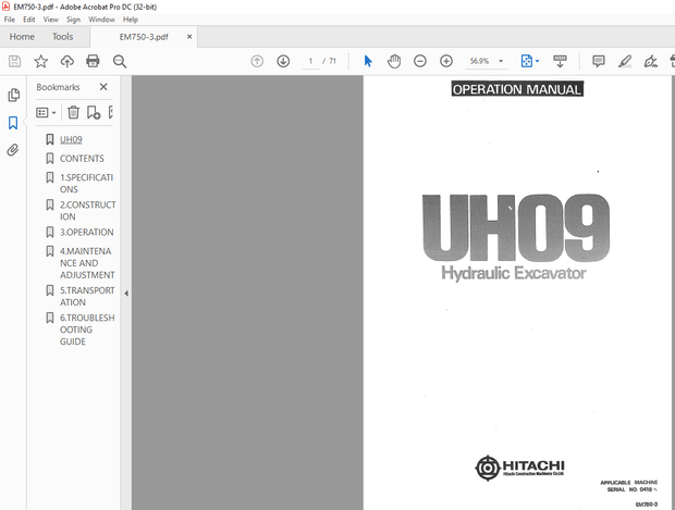 Hitachi Hydraulic Excavator UH09 Operation Manual(EM750-3) – PDF DOWNLOAD