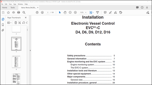 Volvo Penta D4,D6, D9, D12, D16 Electronic Vessel Control Installation Manual_312955613 PDF 