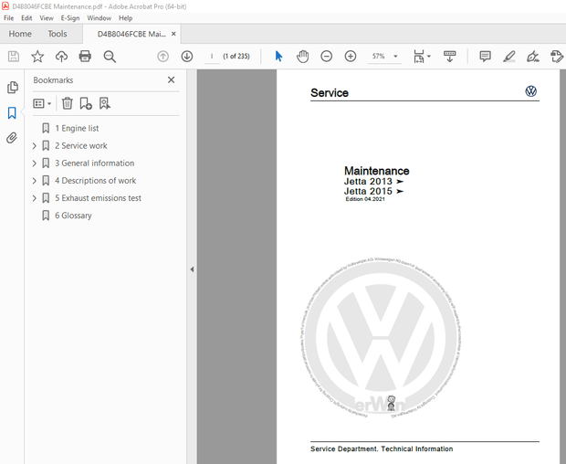 Volkswagen Jetta 2013 &amp; 2015 Maintenance Manual - PDF DOWNLOAD 
