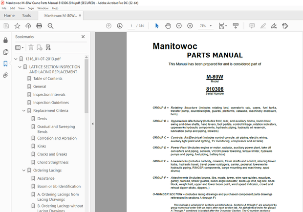 Manitowoc Traditional Crane M-80W Parts Manual SN 810306 – PDF DOWNLOAD